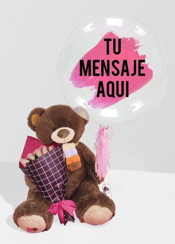 Teddy + Globo personalizado + Bouquet rosas