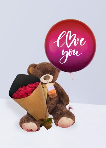 Teddy + Globo "Love You" + Bouquet 24 rosas