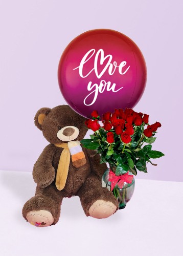 Teddy + Globo "Love You" + Jarrón 24 rosas