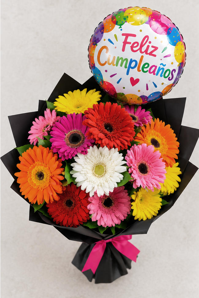 Bouquet lluvia a color | 20 Gerberas + Globo Cumple