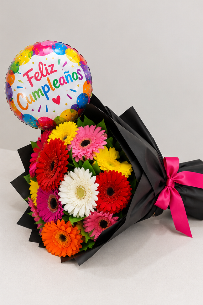 Bouquet lluvia a color | 20 Gerberas + Globo Cumple