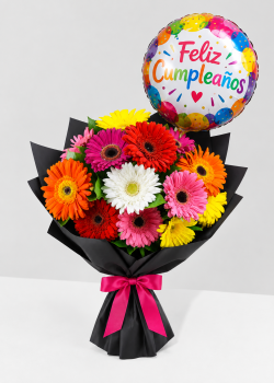 Bouquet lluvia a color | 20 Gerberas + Globo Cumple