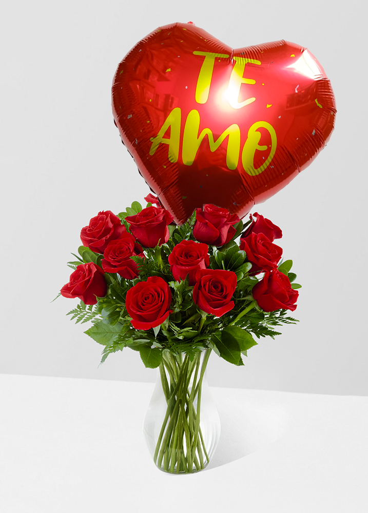 Jarrón con 12 rosas + Globo Amor