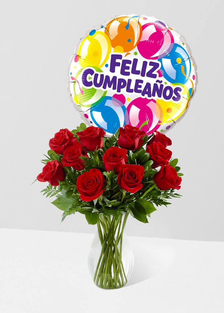 Jarrón 12 rosas + Globo Cumpleaños
