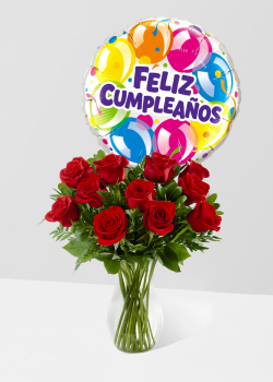 Jarrón 12 rosas + Globo Cumpleaños