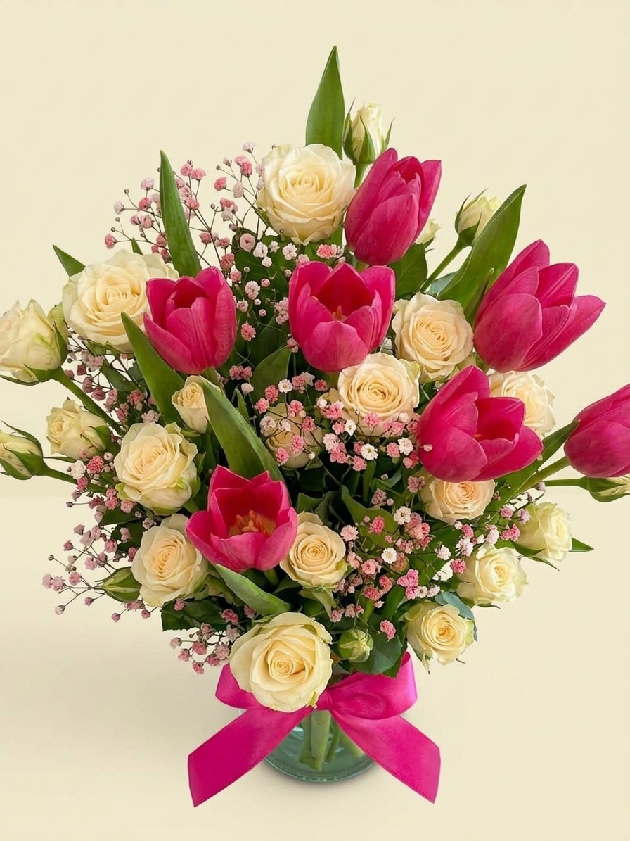 Sutil | Minirosa Blanca y tulipanes