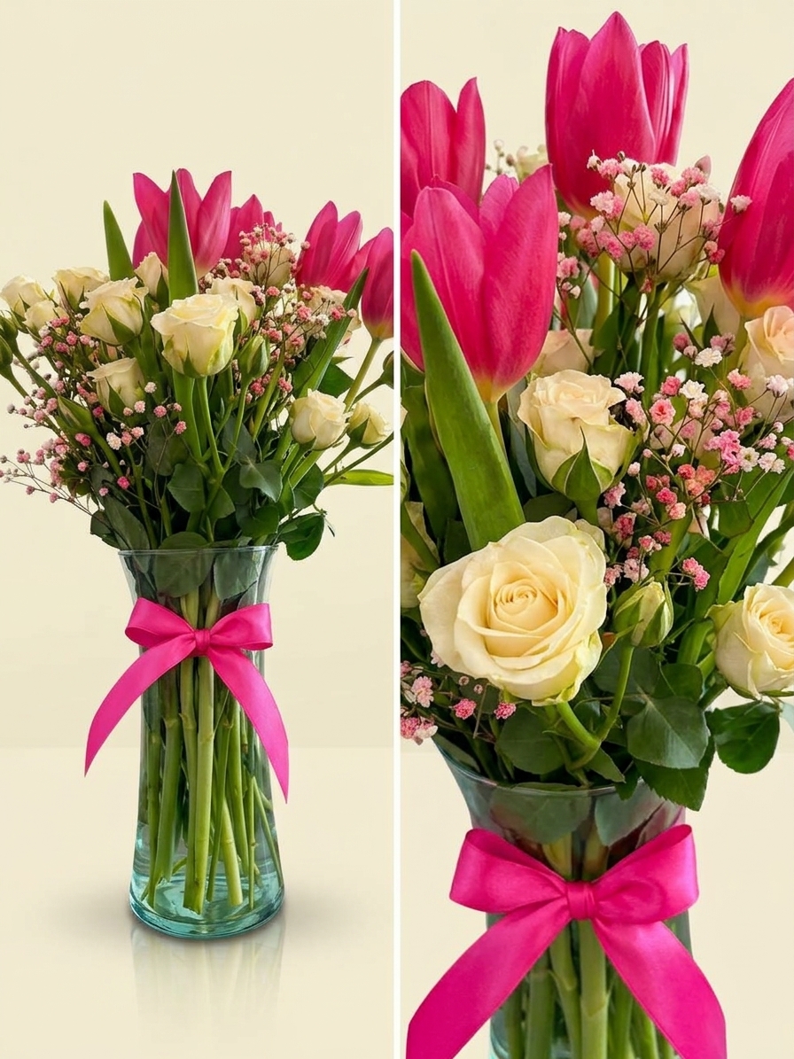 Sutil | Minirosa Blanca y tulipanes